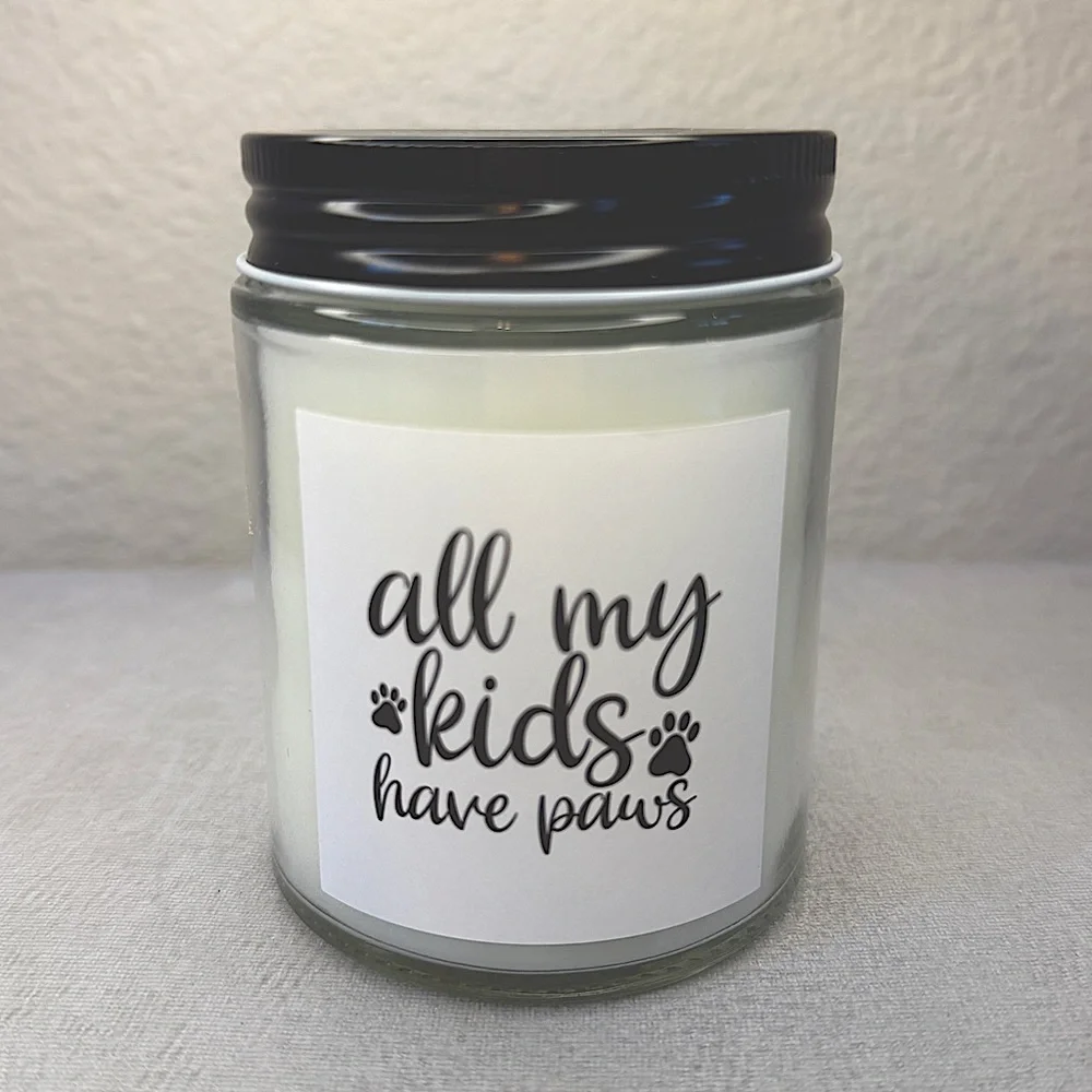 Glass Candle - Peony Petals — “All My Kids Have Paws” - 8oz, Overjoyed Boutique